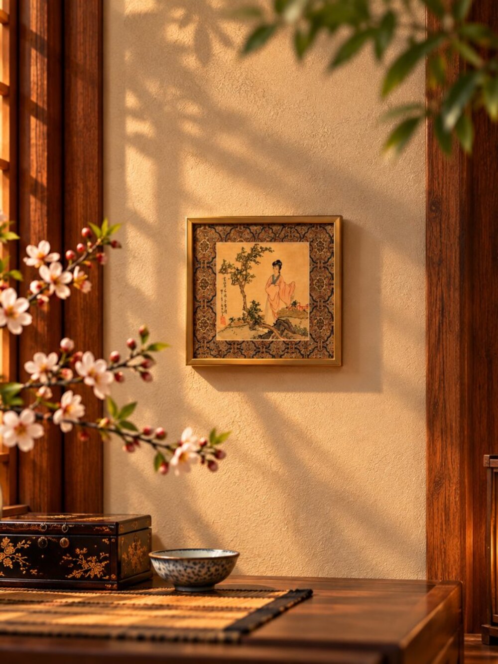 Vintage Framed Chinese Silk Painting - Noblewoman / Courtesan in Garden